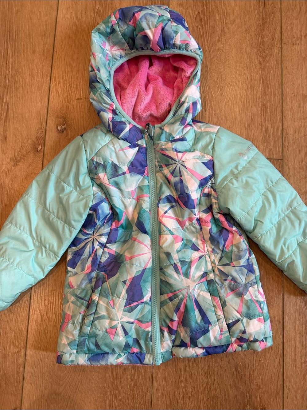 Free Country Aqua Multi-Color Geometric Hooded Puffer Jacket